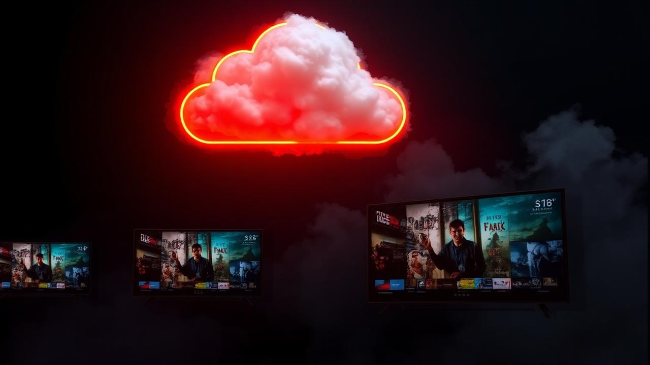 Conceito visual do Clouddy IPTV com nuvem e telas de streaming