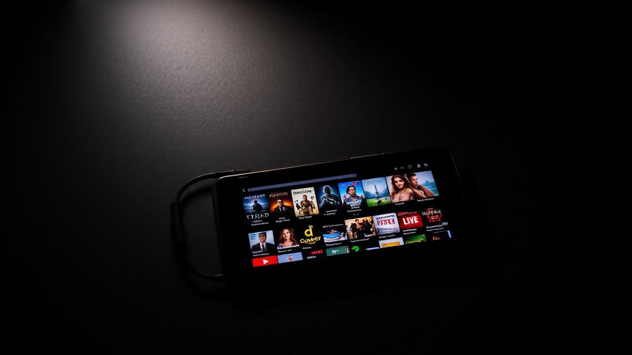 Smartphone exibindo IPTV Smarters Pro com biblioteca de filmes