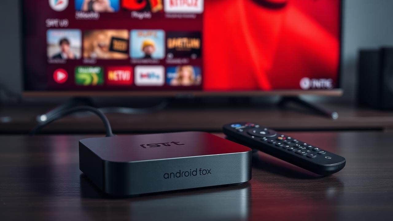 TV Box Android com controle remoto e TV ao fundo