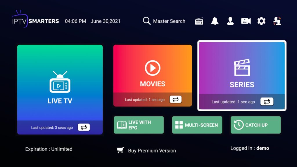 Imagem da tela inicial do aplicativo IPTV Smarters Player